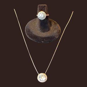 CZ Set Necklace and Matching Ring / 14K White Gold Plated 925 (EUC)
